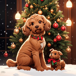a cute all light beige australian labradoodle with a brown nose, full body, sitting_down, snow on the ground, full height Christmas tree in background, twinkling christmas lights