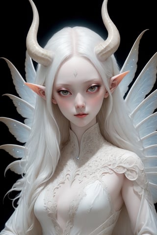 (upper body), (long intricate horns:1.2), sensual albino demon girl with enchantingly beautiful, alabaster skin, thinking, thoughtful, A benevolent smile, girl has beautiful deep eyes, soft expression, beautiful angel wings, Depth and Dimension in the Pupils, Her porcelain-like white skin reflects an almost celestial glow, highlighting her ethereal nature, Every detail of her divine lace costume is meticulously crafted, adorned with jewels that sparkle with a divine radiance, mysterious smoky background, an aura of supernatural allure, ornate jewels, mesmerizing dance of light that enhances her divine presence, moonlit garden, mystical realm, the scene Illuminated  with soft enchanting light to accentuate the magical and mysterious atmosphere, goth person, realistic, Wonder of Art and Beauty, ghost person,ghost person,F41Arm0rXL ,DonMM4g1cXL 