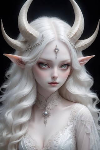 (full body),(long intricate horns:1.2), sensual albino demon girl with enchantingly beautiful, alabaster skin, thinking, thoughtful, A benevolent smile, girl has beautiful deep eyes, soft expression, Depth and Dimension in the Pupils, Her porcelain-like white skin reflects an almost celestial glow, highlighting her ethereal nature, Every detail of her divine lace costume is meticulously crafted, adorned with jewels that sparkle with a divine radiance, mysterious smoky background, an aura of supernatural allure, ornate jewels, mesmerizing dance of light that enhances her divine presence, moonlit garden, mystical realm, the scene Illuminated  with soft enchanting light to accentuate the magical and mysterious atmosphere, goth person, realistic, Wonder of Art and Beauty, ghost person
