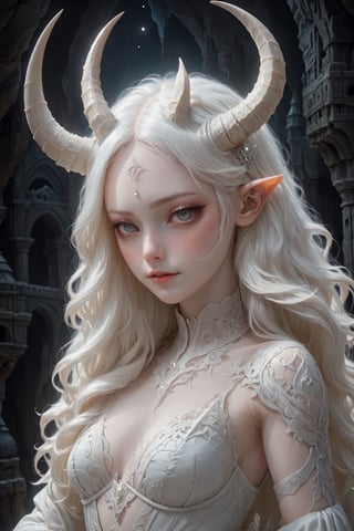(upper body), (long intricate horns:1.2), sensual albino demon girl with enchantingly beautiful, alabaster skin, {{{naked breasts}}}, thinking, thoughtful, A benevolent smile, girl has beautiful deep eyes, soft expression, Depth and Dimension in the Pupils, Her porcelain-like white skin reflects an almost celestial glow, highlighting her ethereal nature, Every detail of her divine lace costume is meticulously crafted, adorned with jewels that sparkle with a divine radiance, mysterious smoky background, an aura of supernatural allure, ornate jewels, mesmerizing dance of light that enhances her divine presence, moonlit garden, mystical realm, the scene Illuminated  with soft enchanting light to accentuate the magical and mysterious atmosphere, goth person, realistic, Wonder of Art and Beauty, ghost person,ghost person,F41Arm0rXL ,DonMM4g1cXL ,Dwarven City