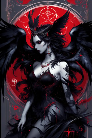 T-Shirt Design, border, sensual image of a beautiful female demon, large black feathered wings, satanic symbology, black red and grey colors, Decora_SWstyle,Decora_SWstyle,Digital_Madness
