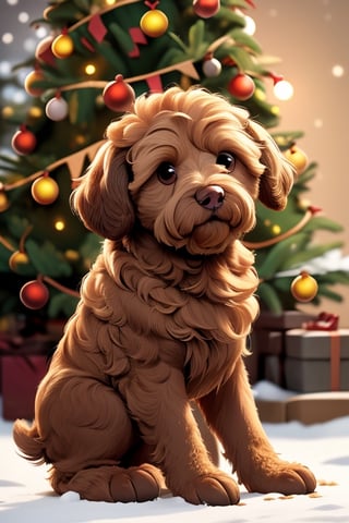 a cute all light beige australian labradoodle with a brown nose, full body, sitting_down, snow on the ground, Christmas tree in background, christmas lights