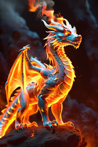 A realistic image of a fiery dragon. full_body, The dragon stands tall against a backdrop of roaring flames and lava, vibrant scales, outstretched wings, symbolizes rebirth and strength. Its piercing eyes lock with the viewer, The digital painting technique used brings out intricate details, allowing the fiery feathers to shimmer and the flames to dance with an ethereal glow. The lighting accentuates the warmth and intensity of the scene, casting dynamic shadows and highlighting the dragon's features. The image is finely detailed, offering an ultra-resolution experience that immerses viewers in the mesmerizing world of fire and mythical creatures, fire element, composed of fire elements