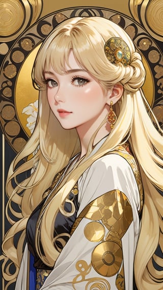 A beautiful Kpop singer IU girl, blonde hair, dynamic character, detailed exquisite face, bold high quality, high contrast, patchwork, vibrant colors, looking at viewer, intricate gold patterns,  (Gustav Klimt and Mucha and Caravaggio style artwork),art_booster,art nouveau