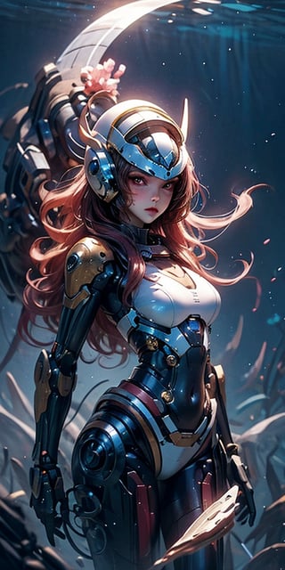 a girl, thunder Orange, tight suit,Space helmet of the 1990s,and the anime series ace, Fantastic Surrealism, Post-apocalyptic, Cute Illustration, Bio-Robotic Art, Fantasy Digital Painting, alien planet Landscapes, Space Dragon with a futurastic underwater helm Fantasy, Art, Surrealism, Geomorphologie-Kunst, Fluid Art, Underwater Photography, Biomechanical Sculpture, Kemono, Beautiful Girl Turned to the Camera, Blue Background, 3D Vector Art, Greg Rutkowski,  Detailedface, Detailedeyes, 1 girl