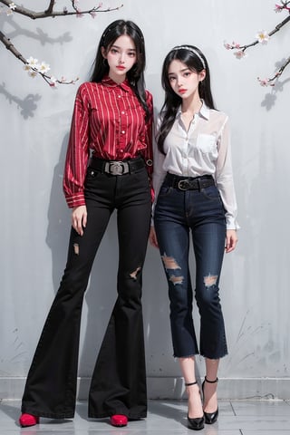 2girls, different face, blush, blue eye, (white and black highlight hair: 1.4), (((fancy hair headband))), Donatella Versace designed: (((red striped full sleeve shirt))), and (((fancy torn black jeans))), (((waist fancy belts))), (((fancy knee high long heels))), stylish clothing, different clothing, messy_hair, (((simple cherry blossoms wall background))), nervous and embarrassed expression in their face, ((awsome posing)),medium full shot,two_girl,2girls,different_clothes