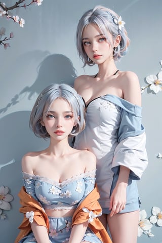 2girls, blush, blue eye, (white and blue highlight hair: 1.4), Donatella Versace designed: ((Luxurious off shoulder orange jacket)) and ((Luxurious blue frock)), stylish clothing, messy_hair, (( cherry blossoms art wall background)), nervous and embarrassed expression in their face, (dynamic posing), navel,medium full shot,two_girl,2girls,different_clothes