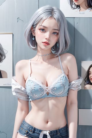blush, blue eye, (white and blue highlight hair: 1.4), Donatella Versace designed: ((Luxurious Brown Top)), ((Luxurious low-rise shorts)), messy_hair, ((paper cut posters wall background)), kissing expression in her face, dynamic posing, navel, upper body