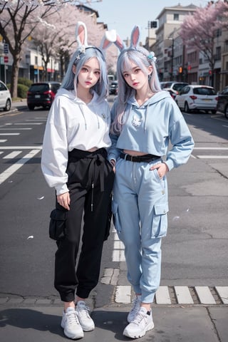 2girls, different face, blush, blue eye, (white and blue highlight hair: 1.4), Donatella Versace designed: (((bunny ear hoodie))), and (((cargo pants))), (((waist fancy belts))), (((fancy shoes))), stylish clothing, different clothing, messy_hair, ((simple cherry blossoms art wall background)), nervous and embarrassed expression in their face, ((awsome posing)),medium full shot,two_girl,2girls,different_clothes