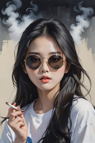 painting of a korean 1girl, solo, long hair, simple background, black hair, smoking, upper body,  sunglasses, shirt, cinematic background , soulful eyes, 