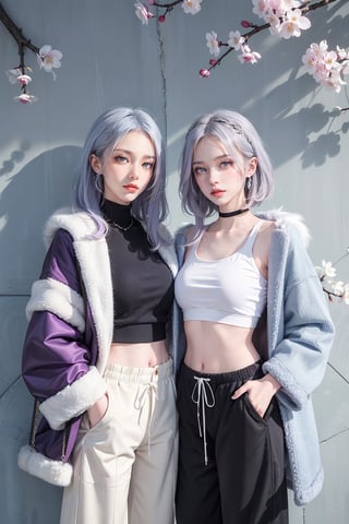 2girls, blush, blue eye, (white and blue highlight hair: 1.4), Donatella Versace designed: (((Luxurious purple top))), (((fur coat))), and (((Luxurious baggy pants))), stylish clothing, different clothing, messy_hair, (( cherry blossoms art wall background)), nervous and embarrassed expression in their face, (dynamic posing), navel,medium full shot,two_girl,2girls,different_clothes