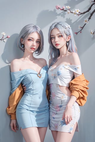 2girls, blush, blue eye, (white and blue highlight hair: 1.4), Donatella Versace designed: ((Luxurious off shoulder orange jacket)) and ((Luxurious blue frock)), stylish clothing, messy_hair, (( cherry blossoms art wall background)), nervous and embarrassed expression in their face, (stylish posing), navel,medium full shot,two_girl,2girls,different_clothes