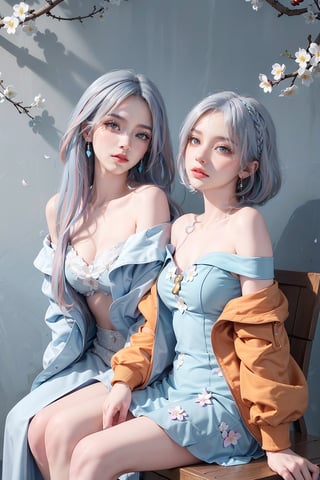 2girls, blush, blue eye, (white and blue highlight hair: 1.4), Donatella Versace designed: ((Luxurious off shoulder orange jacket)) and ((Luxurious blue frock)), stylish clothing, messy_hair, (( cherry blossoms art wall background)), nervous and embarrassed expression in their face, (stylish sitting posing), navel,medium full shot,two_girl,2girls,different_clothes