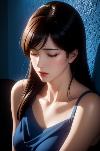 Create an intense, evocative portrait in the korean retro anime style. The scene features a female bathed in deep blue light, leaning against a wall with her arms raised, eyes closed in a moment of raw emotion. Her attire is minimal, accentuating the curves of her body and the dramatic shadows cast by the lighting. The background is stark, with sharp contrasts highlighting the contours of her form. The blue and black palette intensifies the mood, evoking a sense of mystery and allure. Subtle film grain and meticulous shading add depth and texture, emphasizing the emotional gravity of the scene. The lighting creates a chiaroscuro effect, accentuating her expressive pose and the intense atmosphere.