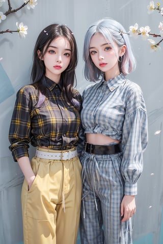 2girls, different face, blush, blue eye, (white and blue highlight hair: 1.4), Donatella Versace designed: (((yellow designed check shirt))), and ((( loose pants))), (((waist designed belts))), stylish clothing, different clothing, messy_hair, (( cherry blossoms art wall background)), nervous and embarrassed expression in their face, ((stylish posing)), hot photoshoot pose,medium full shot,two_girl,2girls,different_clothes