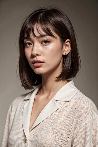 Extremely Realistic, best_quality, half-asian half white girl, medium brown hair, defined-square-jawline, 21 years old, high-set prominent cheekbones, light brown almond-shaped eyes, big lips, , photorealistic, wearing designer clothing ,asian girl