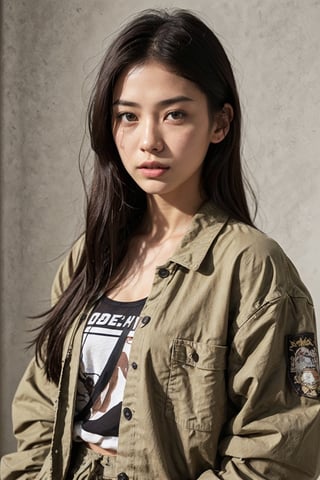 Extremely Realistic, best_quality, half-asian half white girl, medium brown hair, defined-square-jawline, 21 years old, high-set prominent cheekbones, light brown almond-shaped eyes, big lips, , photorealistic, wearing baggy streetwear ,asian girl, head slightly tilted, photorealistic,myhanfu