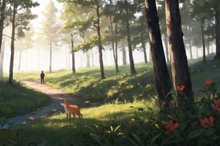 In the forest, a ten-year-old boy encounters a fox.side view