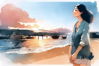 20 years old woman,sunset,seaside,YunQiuWaterColor