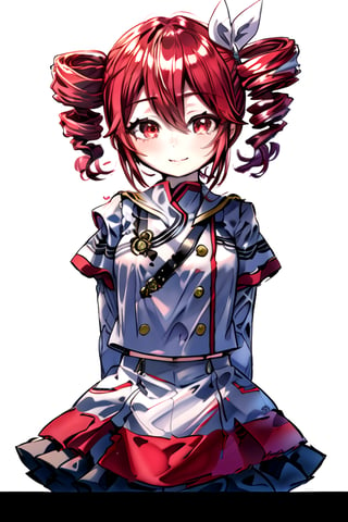 masterpiece, best quality, (solo:1.3), ,looking_at_viewer, bubble background,arms behind back,in black and red style,twin_tails,leaning_forward,drill_hair,detached_sleeves, hot shorts, drill hair, sailor shirt, neck_tie,red_hair,red_eyes,pointy_teeth, smile,closed_mouth,kasane teto,