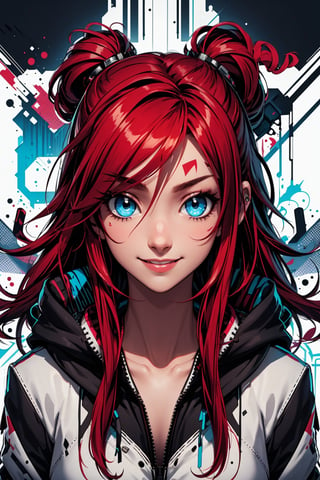 girl, red HAIR, long hair, blue EYES, GLOWING EYES, smile,design,abstract,graffiti,Grt2c, 