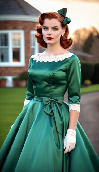 digital photo, full length photo, beautiful 25 year old woman reddish brown hair, wearing 1950s style satin green and orange dress with wide circle skirt and tight bodice, long lace sleeves, large bow, in 1950s house, 1950s house background, sharp focus, award-winning photograph, fine face detail, colour digital photo, romantic lighting, brokeh