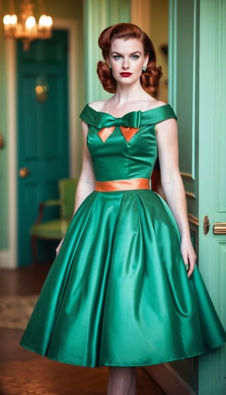 digital photo, full length photo, beautiful 25 year old woman reddish brown hair, wearing 1950s style satin green and orange dress with wide circle skirt and tight bodice, large bow, in 1950s house, 1950s house background, sharp focus, award-winning photograph, fine face detail, colour digital photo, romantic lighting, brokeh