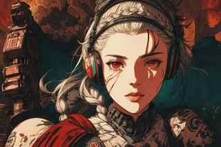 Official Art, Unity 8K Wallpaper, Extreme Detailed, Beautiful and Aesthetic, Masterpiece, Top Quality, perfect anatomy, 

1girl, solo, long hair, red eyes, thighhighs, weapon, braid, white hair, twin braids, gun, glowing, headphones, gatling gun, brown theme, woods, dusty,

a beautifully drawn (((ink illustration))) depicting, vintage, red and green accents, watercolor painting, concept art, (best illustration), (best shadow), Analog Color Theme, vivid colours, contrast, smooth, sharp focus, scenery, 

(Pencil_Sketch:1.2,masterpiece, midjourney, best quality, incredibly absurdres, messy lines,high detail eyes,More Detail,perfect light,portrait, ,more detail XL,Ukiyo-e, ,ink,colorful,samurai