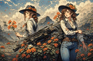 Official Art, Unity 8K Wallpaper, Extreme Detailed, Beautiful and Aesthetic, Masterpiece, Top Quality, perfect anatomy, 

1girl, solo, long hair, brown hair, hat, twintails, weapon, belt, pants, vest, gun, denim, handgun, cigarette, cowboy hat, revolver, cowboy western, flower, sky, cloud, book, petals, red flower, ground vehicle, yellow flower, orange flower, Kentucky, USA, horsehair, horse, galloping, fruity notes, apple, caramel, gold leaf, rattling wheels, fragrant paint, carrot-colored saddle,

a beautifully drawn (((ink illustration))) depicting, vintage, PURPLE and YELLOW accents, watercolor painting, concept art, (best illustration), (best shadow), Analog Color Theme, vivid colours, contrast, smooth, sharp focus, scenery, 

(Pencil_Sketch:1.2,masterpiece, midjourney, best quality, incredibly absurdres, messy lines,high detail eyes