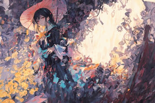 Official Art, Unity 8K Wallpaper, Extreme Detailed, Beautiful and Aesthetic, Masterpiece, Top Quality, perfect anatomy, 

1girl, solo, long hair, looking at viewer, black hair, red eyes, jewelry, flower, umbrella, gears, indigo theme, plateau, rainy day, fog,

a beautifully drawn (((ink illustration))) depicting, vintage, purple and yellow accents, watercolor painting, concept art, (best illustration), (best shadow), Analog Color Theme, vivid colours, contrast, smooth, sharp focus, scenery, 

(Pencil_Sketch:1.2,masterpiece, midjourney, best quality, incredibly absurdres, messy lines,high detail eyes,More Detail,perfect light,portrait, 