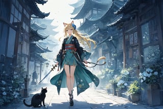 Official Art, Unity 8K Wallpaper, Extreme Detailed, Beautiful and Aesthetic, Masterpiece, Top Quality, perfect anatomy, 

1girl, solo, long hair, looking at viewer, blush, smile, bangs, blue eyes, hair ornament, long sleeves, bow, holding, animal ears, jewelry, closed mouth, standing, tail, full body, weapon, flower, white hair, earrings, japanese clothes, sword, cat ears, hair flower, wide sleeves, kimono, scarf, black footwear, holding weapon, animal ear fluff, bell, animal, cat, tassel, platform footwear, Blue-green theme, 

a beautifully drawn (((ink illustration))) depicting, vintage, PURPLE and YELLOW accents, watercolor painting, concept art, (best illustration), (best shadow), Analog Color Theme, vivid colours, contrast, smooth, sharp focus, scenery, 

(Pencil_Sketch:1.2,masterpiece, midjourney, best quality, incredibly absurdres, messy lines,high detail eyes, 