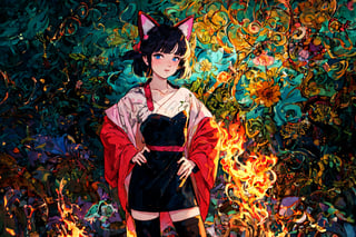 Official Art, Unity 8K Wallpaper, Extreme Detailed, Beautiful and Aesthetic, Masterpiece, Top Quality, perfect anatomy, 

1girl, solo, looking at viewer, short hair, bangs, blue eyes, black hair, thighhighs, long sleeves, dress, animal ears, standing, jacket, tail, full body, boots, black thighhighs, cat ears, black footwear, black dress, cat tail, hand on hip, shadow, pink theme, blue jacket, flames, 

a beautifully drawn (((ink illustration))) depicting, vintage, purple and yellow accents, watercolor painting, concept art, (best illustration), (best shadow), Analog Color Theme, vivid colours, contrast, smooth, sharp focus, scenery, 

(Pencil_Sketch:1.2,masterpiece, midjourney, best quality, incredibly absurdres, messy lines,high detail eyes,More Detail,perfect light,portrait, ,more detail XL,Ukiyo-e, ,ink