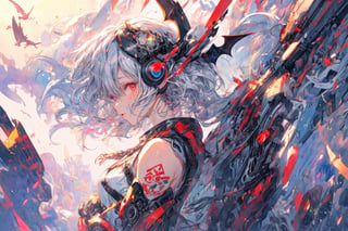 Official Art, Unity 8K Wallpaper, Extreme Detailed, Beautiful and Aesthetic, Masterpiece, Top Quality, perfect anatomy, 

1girl, solo, looking at viewer, short hair, red eyes, long sleeves, dress, white hair, frills, wings, white dress, from side, headphones, halo, black wings, angel, gears, magenta theme, night, lightning, thunder, bats, 

a beautifully drawn (((ink illustration))) depicting, vintage, INDIGO and GREEN accents, watercolor painting, concept art, (best illustration), (best shadow), Analog Color Theme, vivid colours, contrast, smooth, sharp focus, scenery, 

(Pencil_Sketch:1.2,masterpiece, midjourney, best quality, incredibly absurdres, messy lines,high detail eyes,More Detail,perfect light,portrait, 