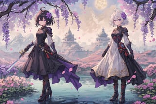 1girl, solo, looking at viewer, short hair, hair ornament, gloves, long sleeves, dress, holding, hair between eyes, closed mouth, standing, purple eyes, full body, weapon, wisteria flowers, ahoge, white hair, black pantyhose, multicolored hair, boots, sword, hair flower, holding weapon, armor, high heels, holding sword, cheongsam, china dress, whiie dress with violet pattern, moon, lake behind, ink painting,(Pencil_Sketch:1.2,masterpiece