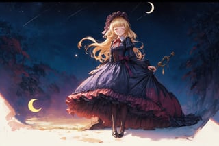 Official Art, Unity 8K Wallpaper, Extreme Detailed, Beautiful and Aesthetic, Masterpiece, Top Quality, perfect anatomy, 

1girl, solo, long hair, bangs, blonde hair, dress, bow, ribbon, holding, jewelry, standing, full body, closed eyes, pantyhose, frills, shoes, blunt bangs, star \(symbol\), blue dress, umbrella, moon, frilled dress, crescent, star \(sky\), lolita fashion, holding umbrella, petticoat, crescent moon, bonnet, constellation, 

a beautifully drawn (((ink illustration))) depicting, vintage, indigo and purple accents, watercolor painting, concept art, (best illustration), (best shadow), Analog Color Theme, vivid colours, contrast, smooth, sharp focus, scenery, 

(Pencil_Sketch:1.2,masterpiece, midjourney, best quality, incredibly absurdres, messy lines,high detail eyes,More Detail,perfect light,portrait, ,more detail XL, 