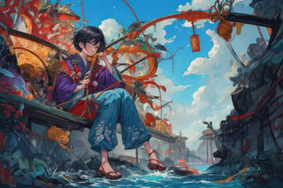 Official Art, Unity 8K Wallpaper, Extreme Detailed, Beautiful and Aesthetic, Masterpiece, Top Quality, perfect anatomy, 

solo, short hair, black hair, 1boy, holding, sitting, male focus, outdoors, japanese clothes, sky, day, pants, clouds, water, blue sky, tattoo, sandals, fish, grey pants, fishing rod, fishing, holding fishing rod, fishing line, blue theme, 

a beautifully drawn (((ink illustration))) depicting, vintage, purple and yellow accents, watercolor painting, concept art, (best illustration), (best shadow), Analog Color Theme, vivid colours, contrast, smooth, sharp focus, scenery, 

(Pencil_Sketch:1.2,masterpiece, midjourney, best quality, incredibly absurdres, messy lines,high detail eyes,More Detail,perfect light,portrait, ,more detail XL,Ukiyo-e, ,ink