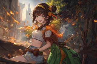 Official Art, Unity 8K Wallpaper, Extreme Detailed, Beautiful and Aesthetic, Masterpiece, Top Quality, perfect anatomy, 

1girl, solo, smile, short hair, open mouth, bangs, skirt, brown hair, black hair, hair ornament, holding, jewelry, green eyes, standing, braid, flower, hairband, outdoors, midriff, hair flower, cape, from side, blue skirt, night, fire, torch, wristband, bandaid, long skirt, holding torch, railing, blush, short sleeves, hairclip, hair bun, crop top, denim, clothes around waist, Spathodea, Melbourne, Victoria, Commonwealth of Australia, hook, fluttering bird, reincarnation, gourmet flavor, milk, caramel, bell pepper, cardamom, curious eyes, championship belt, brown leather gloves, orange theme, arena,

a beautifully drawn (((ink illustration))) depicting, vintage, green and yellow accents, watercolor painting, concept art, (best illustration), (best shadow), Analog Color Theme, vivid colours, contrast, smooth, sharp focus, scenery, 

(Pencil_Sketch:1.2,masterpiece, midjourney, best quality, incredibly absurdres, messy lines,high detail eyes,More Detail,perfect light,portrait, 