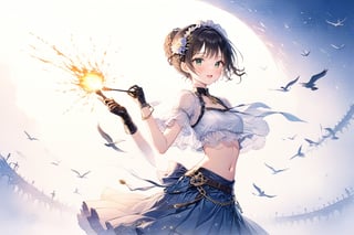 Official Art, Unity 8K Wallpaper, Extreme Detailed, Beautiful and Aesthetic, Masterpiece, Top Quality, perfect anatomy, 

1girl, solo, smile, short hair, open mouth, bangs, skirt, brown hair, black hair, hair ornament, holding, jewelry, green eyes, standing, braid, flower, hairband, outdoors, midriff, hair flower, cape, from side, blue skirt, night, fire, torch, wristband, bandaid, long skirt, holding torch, railing, blush, short sleeves, hairclip, hair bun, crop top, denim, clothes around waist, Spathodea, Melbourne, Victoria, Commonwealth of Australia, hook, fluttering bird, reincarnation, gourmet flavor, milk, caramel, bell pepper, cardamom, curious eyes, championship belt, brown leather gloves, orange theme, arena,

a beautifully drawn (((ink illustration))) depicting, vintage, green and yellow accents, watercolor painting, concept art, (best illustration), (best shadow), Analog Color Theme, vivid colours, contrast, smooth, sharp focus, scenery, 

(Pencil_Sketch:1.2,masterpiece, midjourney, best quality, incredibly absurdres, messy lines,high detail eyes,More Detail,perfect light,portrait, , 