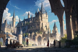 In the enchanting realm of the Wizarding World of Harry Potter, a breathtakingly magical land unfolds before our eyes. This extraordinary image, captured in a meticulously crafted painting, showcases a sprawling landscape rich with vibrant colors and fantastical elements. Majestic castles and bustling streets fill the scene, bustling with both wizards and enchanting creatures. Evoking a sense of awe and wonder, this stunning artwork effortlessly transports viewers into the extraordinary world of Harry Potter, where imagination knows no bounds,(best quality,