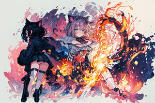 Official Art, Unity 8K Wallpaper, Extreme Detailed, Beautiful and Aesthetic, Masterpiece, Top Quality, perfect anatomy, 

1girl, solo, looking at viewer, short hair, bangs, blue eyes, black hair, thighhighs, long sleeves, dress, animal ears, standing, jacket, tail, full body, boots, black thighhighs, cat ears, black footwear, black dress, cat tail, hand on hip, shadow, pink theme, blue jacket, flames, 

a beautifully drawn (((ink illustration))) depicting, vintage, purple and yellow accents, watercolor painting, concept art, (best illustration), (best shadow), Analog Color Theme, vivid colours, contrast, smooth, sharp focus, scenery, 

(Pencil_Sketch:1.2,masterpiece, midjourney, best quality, incredibly absurdres, messy lines,high detail eyes,More Detail,perfect light,portrait, ,more detail XL,Ukiyo-e, ,ink