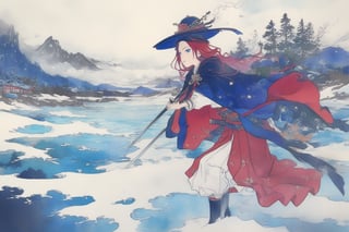 Official Art, Unity 8K Wallpaper, Extreme Detailed, Beautiful and Aesthetic, Masterpiece, Top Quality, perfect anatomy, 

1girl, solo, very long hair, bangs, blue eyes, skirt, indigo vest, long sleeves, hat, red hair, cape, hair over one eye, fur trim, indigo headwear, heterochromia, red cloak, fur-trimmed cloak, white shirt, boots, white pants, chinese clothes, bird, Tula Province, Russian Empire,
Source of life, sparkling stars, water feeder, aquatic tune, ginger, ice water, geranium, oak, impurity glass bottle, tweed cloak, Claret homemade equestrian skirt, Plateau lakes, snow mountains

a beautifully drawn (((ink illustration))) depicting, vintage, Claret and navy blue accents, watercolor painting, concept art, (best illustration), (best shadow), Analog Color Theme, vivid colours, contrast, smooth, sharp focus, scenery, 

(Pencil_Sketch:1.2,masterpiece, midjourney, best quality, incredibly absurdres, messy lines,high detail eyes,More Detail,perfect light,portrait, ,more detail XL,Ukiyo-e, ,ink,colorful,samurai