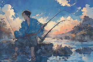 Official Art, Unity 8K Wallpaper, Extreme Detailed, Beautiful and Aesthetic, Masterpiece, Top Quality, perfect anatomy, 

solo, short hair, black hair, 1boy, holding, sitting, male focus, outdoors, japanese clothes, sky, day, pants, clouds, water, blue sky, tattoo, sandals, fish, grey pants, fishing rod, fishing, holding fishing rod, fishing line, blue theme, 

a beautifully drawn (((ink illustration))) depicting, vintage, purple and yellow accents, watercolor painting, concept art, (best illustration), (best shadow), Analog Color Theme, vivid colours, contrast, smooth, sharp focus, scenery, 

(Pencil_Sketch:1.2,masterpiece, midjourney, best quality, incredibly absurdres, messy lines,high detail eyes,More Detail,perfect light,portrait, ,more detail XL,Ukiyo-e, ,ink