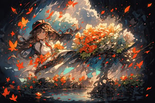 Official Art, Unity 8K Wallpaper, Extreme Detailed, Beautiful and Aesthetic, Masterpiece, Top Quality, perfect anatomy, 

1girl, solo, long hair, brown hair, hat, twintails, weapon, belt, pants, vest, gun, denim, handgun, cigarette, cowboy hat, revolver, cowboy western, flower, sky, cloud, book, petals, red flower, ground vehicle, yellow flower, orange flower, Kentucky, USA, 1horse, galloping, fruity notes, apple, caramel, gold leaf, rattling wheels, fragrant paint, carrot-colored saddle,

a beautifully drawn (((ink illustration))) depicting, vintage, PURPLE and YELLOW accents, watercolor painting, concept art, (best illustration), (best shadow), Analog Color Theme, vivid colours, contrast, smooth, sharp focus, scenery, 

(Pencil_Sketch:1.2,masterpiece, midjourney, best quality, incredibly absurdres, messy lines,high detail eyes
