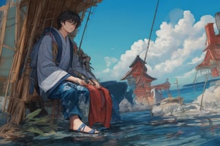 Official Art, Unity 8K Wallpaper, Extreme Detailed, Beautiful and Aesthetic, Masterpiece, Top Quality, perfect anatomy, 

solo, short hair, black hair, 1boy, holding, sitting, male focus, outdoors, japanese clothes, sky, day, pants, clouds, water, blue sky, tattoo, sandals, fish, grey pants, fishing rod, fishing, holding fishing rod, fishing line, blue theme, 

a beautifully drawn (((ink illustration))) depicting, vintage, purple and yellow accents, watercolor painting, concept art, (best illustration), (best shadow), Analog Color Theme, vivid colours, contrast, smooth, sharp focus, scenery, 

(Pencil_Sketch:1.2,masterpiece, midjourney, best quality, incredibly absurdres, messy lines,high detail eyes,More Detail,perfect light,portrait, ,more detail XL,Ukiyo-e, ,ink