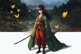 Official Art, Unity 8K Wallpaper, Extreme Detailed, Beautiful and Aesthetic, Masterpiece, Top Quality, perfect anatomy, 

1girl, solo, long hair, looking at viewer, black hair, hair ornament, long sleeves, dress, holding, brown eyes, closed mouth, standing, full body, weapon, pants, wooden sword, water, black footwear, holding weapon, chinese clothes, golden butterfly, green dress, bangs, yellow eyes, pine trees, clouds, Fly-whisk, bottle gourd, screen, landscape ink painting, 

a beautifully drawn (((ink illustration))) depicting, vintage, green and orange accents, watercolor painting, concept art, (best illustration), (best shadow), Analog Color Theme, vivid colours, contrast, smooth, sharp focus, scenery, 

(Pencil_Sketch:1.2,masterpiece, midjourney, best quality, incredibly absurdres, messy lines,high detail eyes,More Detail,perfect light,portrait, ,more detail XL,Ukiyo-e, ,ink,colorful,samurai