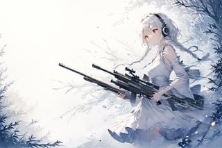 Official Art, Unity 8K Wallpaper, Extreme Detailed, Beautiful and Aesthetic, Masterpiece, Top Quality, perfect anatomy, 

1girl, solo, long hair, red eyes, thighhighs, weapon, braid, white hair, twin braids, gun, glowing, headphones, gatling gun, brown theme, woods, dusty,

a beautifully drawn (((ink illustration))) depicting, vintage, brown and green accents, watercolor painting, concept art, (best illustration), (best shadow), Analog Color Theme, vivid colours, contrast, smooth, sharp focus, scenery, 

(Pencil_Sketch:1.2,masterpiece, midjourney, best quality, incredibly absurdres, messy lines,high detail eyes,More Detail,perfect light,portrait, ,more detail XL,Ukiyo-e, ,ink,colorful,