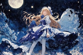 Official Art, Unity 8K Wallpaper, Extreme Detailed, Beautiful and Aesthetic, Masterpiece, Top Quality, perfect anatomy, 

1girl, solo, long hair, bangs, blonde hair, dress, bow, ribbon, holding, jewelry, standing, full body, closed eyes, pantyhose, frills, shoes, blunt bangs, star \(symbol\), blue dress, umbrella, moon, frilled dress, crescent, star \(sky\), lolita fashion, holding umbrella, petticoat, crescent moon, bonnet, constellation, blue theme,

a beautifully drawn (((ink illustration))) depicting, vintage, indigo and purple accents, watercolor painting, concept art, (best illustration), (best shadow), Analog Color Theme, vivid colours, contrast, smooth, sharp focus, scenery, 

(Pencil_Sketch:1.2,masterpiece, midjourney, best quality, incredibly absurdres, messy lines,high detail eyes,More Detail,perfect light,portrait, ,more detail XL, 