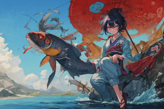 Official Art, Unity 8K Wallpaper, Extreme Detailed, Beautiful and Aesthetic, Masterpiece, Top Quality, perfect anatomy, 

solo, short hair, black hair, 1boy, holding, sitting, male focus, outdoors, japanese clothes, sky, day, pants, clouds, water, blue sky, tattoo, sandals, fish, grey pants, fishing rod, fishing, holding fishing rod, fishing line, blue theme, 

a beautifully drawn (((ink illustration))) depicting, vintage, purple and yellow accents, watercolor painting, concept art, (best illustration), (best shadow), Analog Color Theme, vivid colours, contrast, smooth, sharp focus, scenery, 

(Pencil_Sketch:1.2,masterpiece, midjourney, best quality, incredibly absurdres, messy lines,high detail eyes,More Detail,perfect light,portrait, ,more detail XL,Ukiyo-e, ,ink