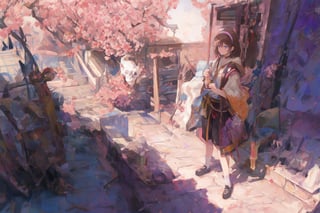 Official Art, Unity 8K Wallpaper, Extreme Detailed, Beautiful and Aesthetic, Masterpiece, Top Quality, perfect anatomy, 

1girl, solo, looking at viewer, blue eyes, brown hair, holding, standing, full body, weapon, shorts, socks, holding weapon, chain, skull, axe, sakura, shrine, nontraditional miko, petals, twlight, hairband, pink theme, 

a beautifully drawn (((ink illustration))) depicting, vintage, PINK and PURPLE accents, watercolor painting, concept art, (best illustration), (best shadow), Analog Color Theme, vivid colours, contrast, smooth, sharp focus, scenery, 

(Pencil_Sketch:1.2,masterpiece, midjourney, best quality, incredibly absurdres, messy lines,high detail eyes,More Detail,perfect light,portrait, 