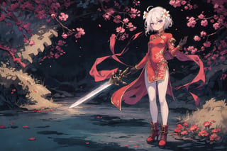 1girl, solo, looking at viewer, short hair, hair ornament, gloves, long sleeves, dress, holding, hair between eyes, closed mouth, standing, purple eyes, full body, weapon, flower, ahoge, white hair, black pantyhose, multicolored hair, boots, sword, hair flower, holding weapon, armor, high heels, holding sword, cheongsam, china dress, whiie dress with violet pattern, ink painting,(Pencil_Sketch:1.2